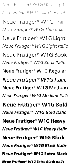 Neue Frutiger W1G Complete Family Pack Weights