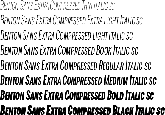 Benton Sans Extra Compressed Italic Small Caps Volume